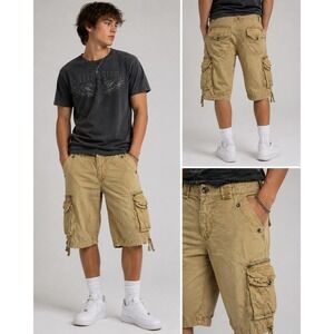 Blue Rag Cargo Shorts Mens 30 Khaki Y2K Multi Pocket Utility Cotton Streetwear